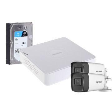 Sistem supraveghere exterior cu HDD 1TB HikVision, 2 camere, 5 MP, IR 40 m, 2.8 mm, microfon