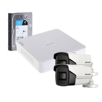 Sistem supraveghere exterior cu HDD 1TB HikVision, 2 camere, 5 MP, IR 60 m, 2.8 mm