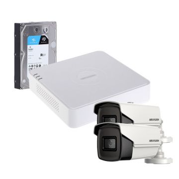 Sistem supraveghere exterior cu HDD 1TB HikVision, 2 camere, 5 MP, IR 80 m, 3.6 mm
