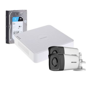 Sistem supraveghere exterior cu HDD 1TB HikVision, 2 camere, 5 MP, IR 80 m, 3.6 mm