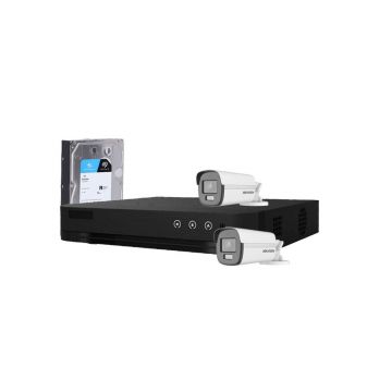Sistem supraveghere exterior cu HDD 1TB HikVision, 2 camere, 5 MP, lumina alba 40 m, 2.8 mm