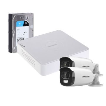 Sistem supraveghere exterior cu HDD 1TB HikVision, 2 camere, 5 MP, lumina alba 40 m, 2.8 mm