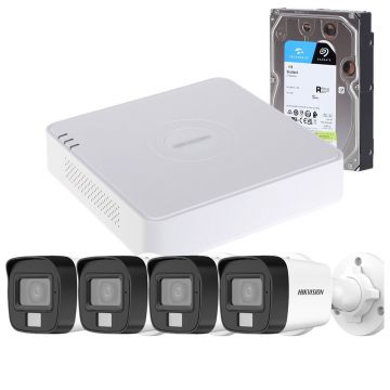 Sistem supraveghere exterior cu HDD 1TB HikVision, 4 camere, 5 MP, IR 25 m, lumina alba 20 m, 2.8 mm, microfon