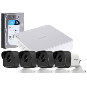 Sistem supraveghere exterior cu HDD 1TB HikVision, 4 camere, 5 MP, IR 30 m, 2.8 mm, microfon