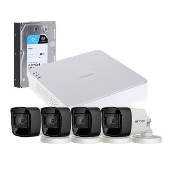 Sistem supraveghere exterior cu HDD 1TB HikVision, 4 camere, 5 MP, IR 30 m, 2.8 mm