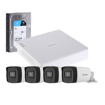 Sistem supraveghere exterior cu HDD 1TB HikVision, 4 camere, 5 MP, IR 40 m, 2.8 mm, microfon