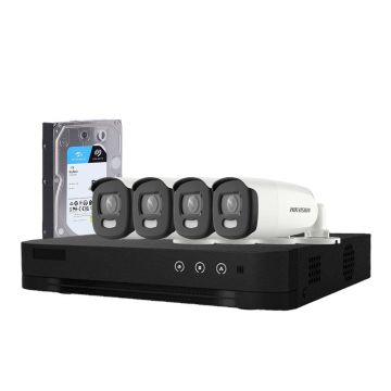 Sistem supraveghere exterior cu HDD 1TB HikVision, 4 camere, 5 MP, lumina alba 20 m, 2.8 mm, stroboscop