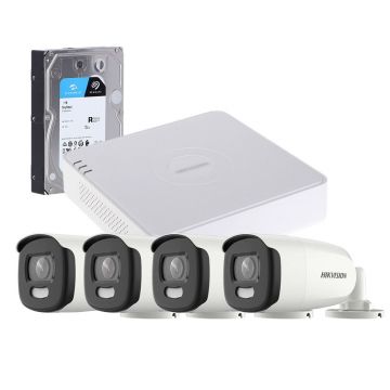 Sistem supraveghere exterior cu HDD 1TB HikVision, 4 camere, 5 MP, lumina alba 20 m, 2.8 mm, stroboscop