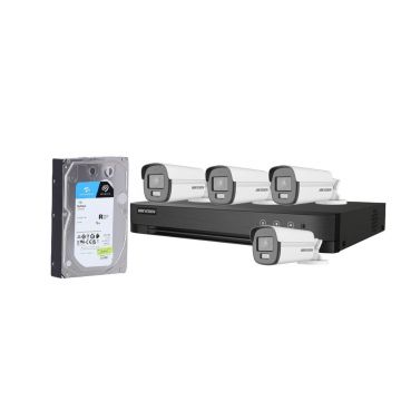 Sistem supraveghere exterior cu HDD 1TB HikVision, 4 camere, 5 MP, lumina alba 40 m, 2.8 mm