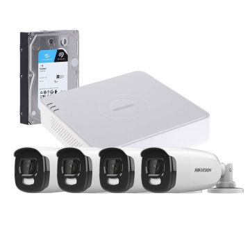Sistem supraveghere exterior cu HDD 1TB HikVision, 4 camere, 5 MP, lumina alba 40 m, 2.8 mm