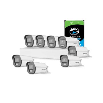Sistem supraveghere exterior cu HDD 2 TB HikVision, 8 camere, 2 MP, 2.8 mm, IR/lumina alba 40 m, microfon