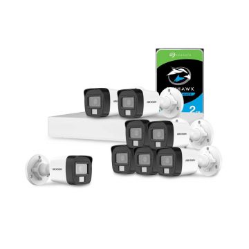 Sistem supraveghere exterior cu HDD 2 TB HikVision, 8 camere, 2 MP, IR 25 m, lumina alba 20 m, 2.8 mm, microfon