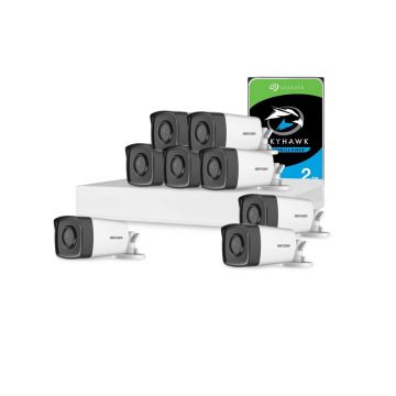 Sistem supraveghere exterior cu HDD 2 TB HikVision, 8 camere, 2 MP, IR 80 m, 3.6 mm