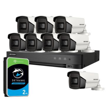 Sistem supraveghere exterior cu HDD 2TB HikVision, 8 camere, 5 MP, IR 80 m, 3.6 mm