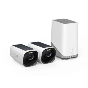 Sistem supraveghere wireless exterior WiFi Eufy T88713W1, 2 camere, 8 MP, IR / lumina alba 9 m, microfon si difuzor, acumulator 13000 mAh, sirena, detectie miscare, recunoastere faciala