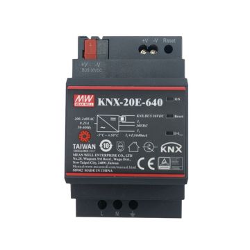 Sursa de alimentare MeanWell KNX-20E-640, 2 iesiri, 30V DC/0.64A, protocol KNX, montaj pe sina DIN Sursa de alimentare MeanWell KNX-20E-640, 2 iesiri, 30V DC/0.64A, protocol KNX, montaj pe sina DIN