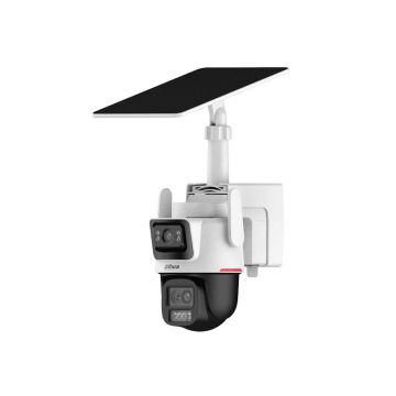Camera supraveghere 4G cu lentila duala si panou solar Dahua IPC-PTS2649C-3E3Z-4GB20-3684/0280B-PRO, 3 MP, 2.8, 3.6 mm/8.4 mm, lumina alba 50 m, acumulator 7800 mAh, microfon si difuzor, auto-tracking, slot card