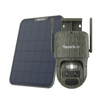 Camera supraveghere rotativa 4G PTZ cu lentila duala si panou solar Reolink TrackMix LTE G770-C+SOLAR, 8 MP,  2.8 mm, 8 mm, IR 30 m, microfon si difuzor, night vision color, PIR, acumulator 5100 mAh, slot card, zoom hibrid 6x, auto tracking
