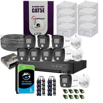 Sistem supraveghere complet HikVision, 8 camere, 5 MP, IR 30 m, lumina alba 20 m, 2.8 mm, microfon, HDD 2TB