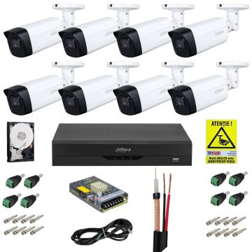 Sistem supraveghere Dahua cu functii inteligente, 8 camere 4K 8MP, lentila 3.6mm, IR 80m, DVR WizSense, Accesorii incluse