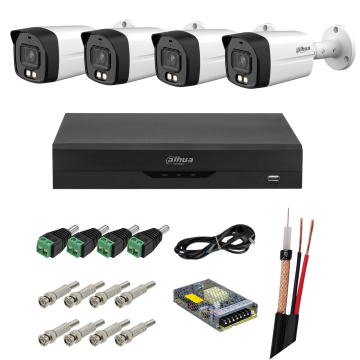 Sistem supraveghere Dahua, Functii AI, 4 camere, 4K 8MP, Microfon, Smart Dual Light, DVR 4 canale, Accesorii montaj incluse, Vizualizare pe mobil