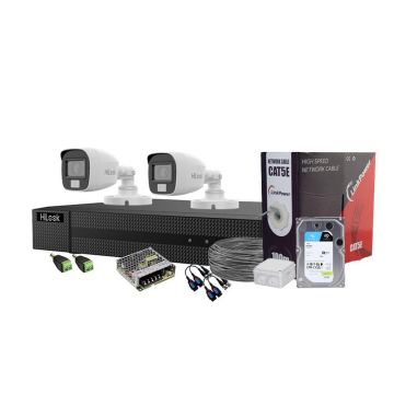 Sistem supraveghere exterior complet cu iluminare duala Hikvision HiLook KIT-HL-C-2C-C-0002, 5 MP, 2.8 mm, IR/lumina alba 20 m, microfon, HDD 1TB
