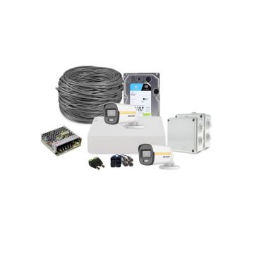 Sistem supraveghere exterior complet HikVision, 2 camere, 2 MP, 2.8 mm, IR/Lumina alba 30/20 m, PoC, microfon, HDD 1 TB