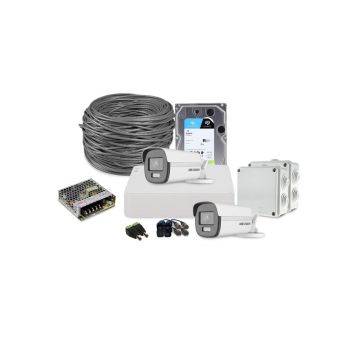 Sistem supraveghere exterior complet HikVision, 2 camere, 2 MP, 2.8 mm, IR/lumina alba 40 m, microfon, HDD 1 TB
