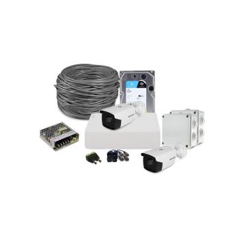 Sistem supraveghere exterior complet HikVision, 2 camere, 2 MP, IR 80 m, 3.6 mm, HDD 1 TB