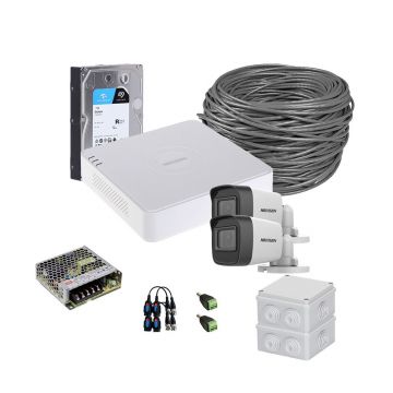 Sistem supraveghere exterior complet HikVision, 2 camere, 5 MP, IR 20 m, 2.8 mm, HDD 1TB