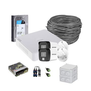 Sistem supraveghere exterior complet HikVision, 2 camere, 5 MP, IR 25 m, lumina alba 20 m, 2.8 mm, microfon, HDD 1TB