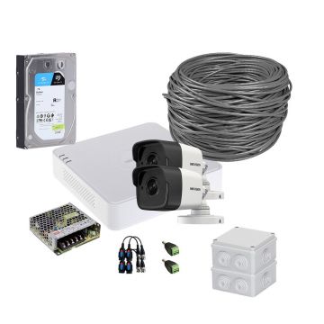 Sistem supraveghere exterior complet HikVision, 2 camere, 5 MP, IR 30 m, 2.8 mm, microfon, HDD 1TB