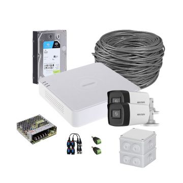 Sistem supraveghere exterior complet HikVision, 2 camere, 5 MP, IR 40 m, 2.8 mm, microfon, HDD 1TB