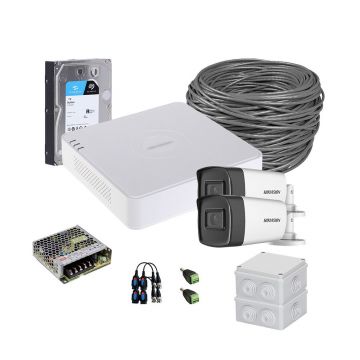Sistem supraveghere exterior complet HikVision, 2 camere, 5 MP, IR 40 m, 2.8 mm, microfon, HDD 1TB