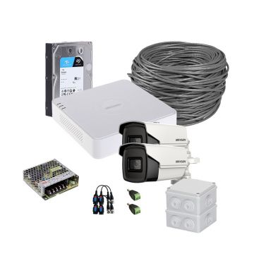 Sistem supraveghere exterior complet HikVision, 2 camere, 5 MP, IR 60 m, 2.8 mm, HDD 1TB