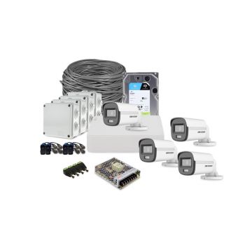 Sistem supraveghere exterior complet HikVision, 4 camere, 2 MP, 2.8 mm, IR/lumina alba 20 m, microfon, HDD 1 TB
