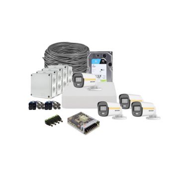 Sistem supraveghere exterior complet HikVision, 4 camere, 2 MP, 2.8 mm, IR/Lumina alba 30/20 m, PoC, microfon, HDD 1 TB
