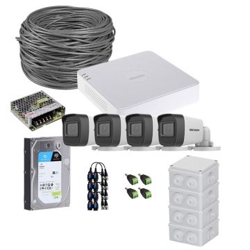 Sistem supraveghere exterior complet HikVision, 4 camere, 5 MP, IR 20 m, 2.8 mm, HDD 1TB