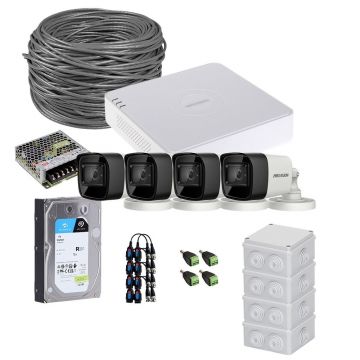 Sistem supraveghere exterior complet HikVision, 4 camere, 5 MP, IR 30 m, 2.8 mm, HDD 1TB