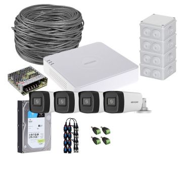 Sistem supraveghere exterior complet HikVision, 4 camere, 5 MP, IR 40 m, 2.8 mm, microfon, HDD 1TB