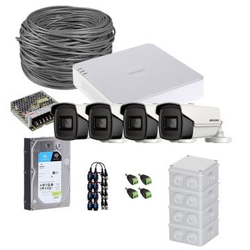 Sistem supraveghere exterior complet HikVision, 4 camere, 5 MP, IR 60 m, 2.8 mm, HDD 1TB