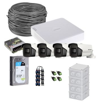 Sistem supraveghere exterior complet HikVision, 4 camere, 5 MP, IR 80 m, 3.6 mm, HDD 1TB