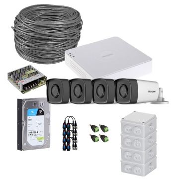 Sistem supraveghere exterior complet HikVision, 4 camere, 5 MP, IR 80 m, 3.6 mm, HDD 1TB