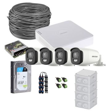 Sistem supraveghere exterior complet HikVision, 4 camere, 5 MP, lumina alba 20 m, 2.8 mm, stroboscop, HDD 1TB