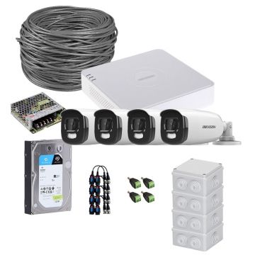 Sistem supraveghere exterior complet HikVision, 4 camere, 5 MP, lumina alba 40 m, 2.8 mm, HDD 1TB