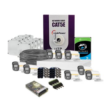 Sistem supraveghere exterior complet HikVision, 8 camere, 2 MP, 2.8 mm, IR/Lumina alba 30/20 m, PoC, microfon, HDD 2 TB