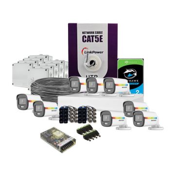 Sistem supraveghere exterior complet HikVision, 8 camere, 2 MP, lumina alba 20 m, 2.8 mm, microfon, HDD 2 TB