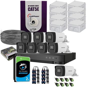 Sistem supraveghere exterior complet HikVision, 8 camere, 5 MP, IR 40 m, 2.8 mm, microfon, HDD 2TB