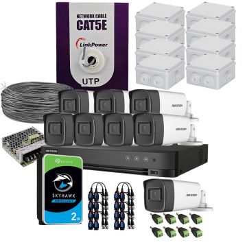 Sistem supraveghere exterior complet HikVision, 8 camere, 5 MP, IR 40 m, 2.8 mm, microfon, HDD 2TB