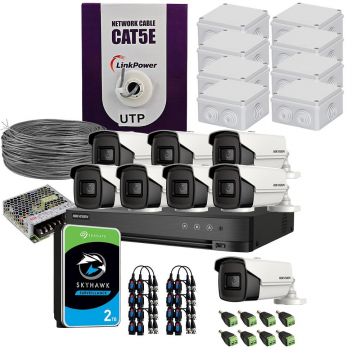 Sistem supraveghere exterior complet HikVision, 8 camere, 5 MP, IR 60 m, 2.8 mm, HDD 2TB